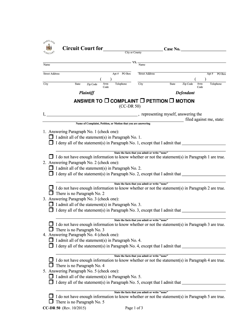  Answer to Complaintpetitionmotion Instructions for Mdcourts 2019