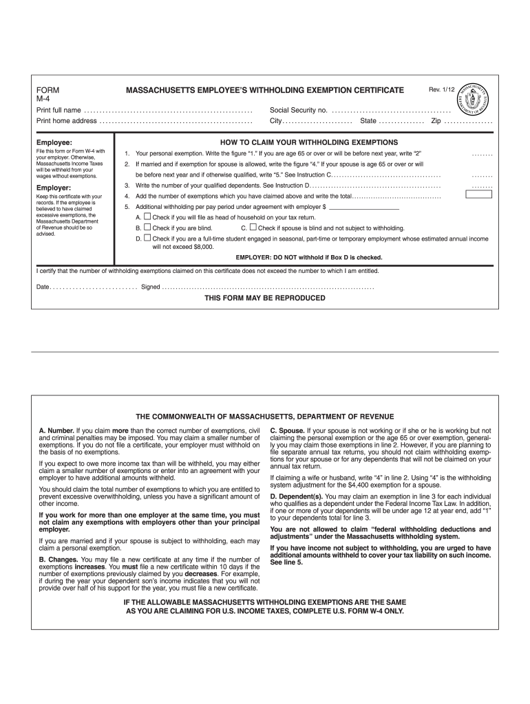  Ma Employee Exemption Form M 2012