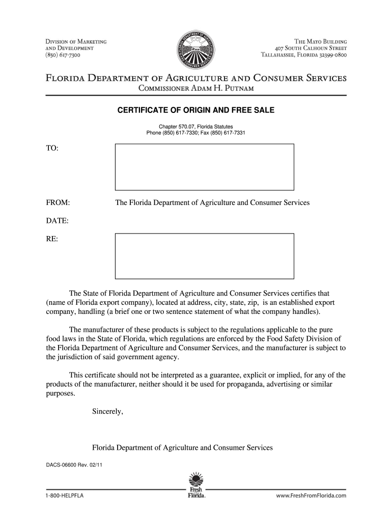 CERTIFICATE of ORIGIN and SALE to from the Florida  Form