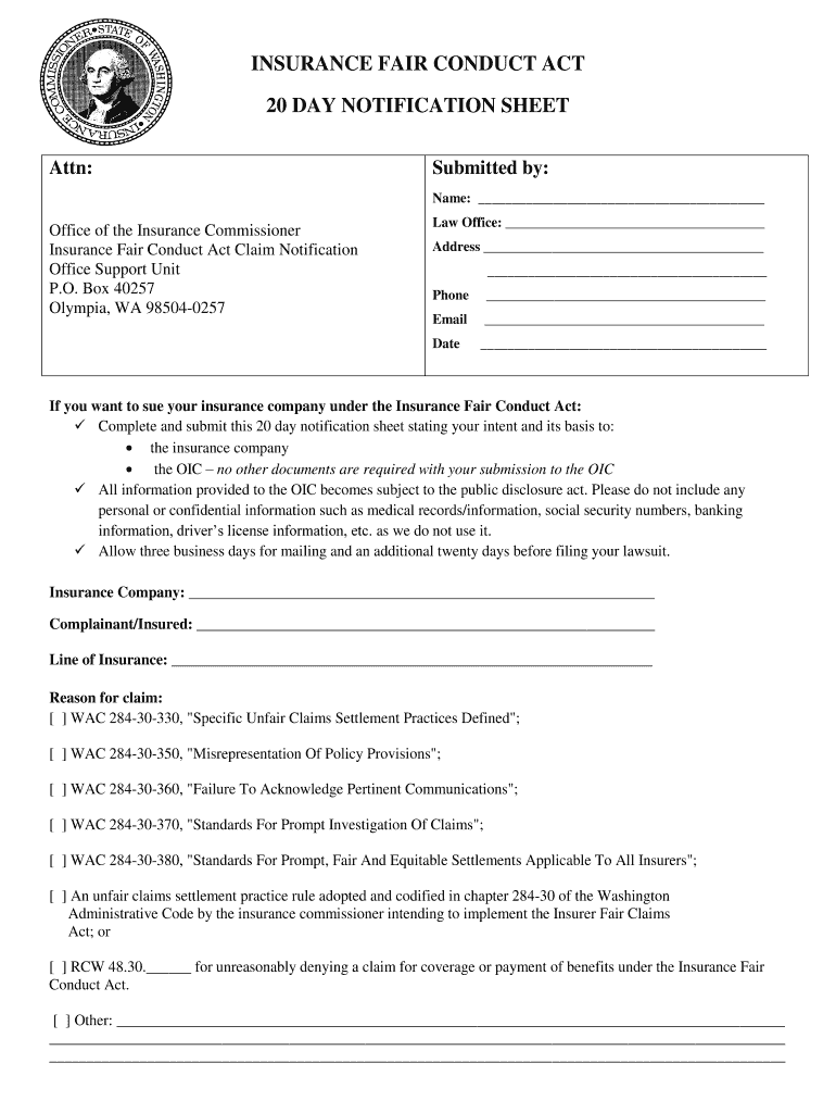 Insurance Fair Conduct Act 20 Day Notification Sheet  Form
