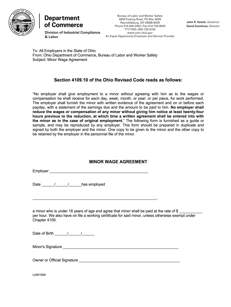 Minor Wage Agreement  Form