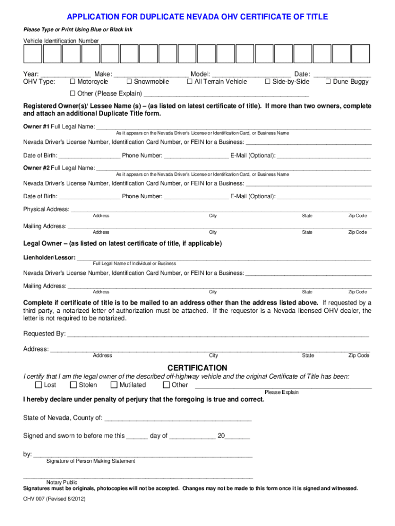 Nevada Title Application  Form