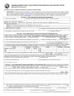 Indiana Request for a Child Protection Services Cps History Check  Form