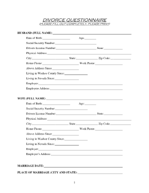 Divorce Questionnaire Sample  Form