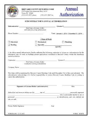 Subcontractor Annual Authorization Brevard County  Form