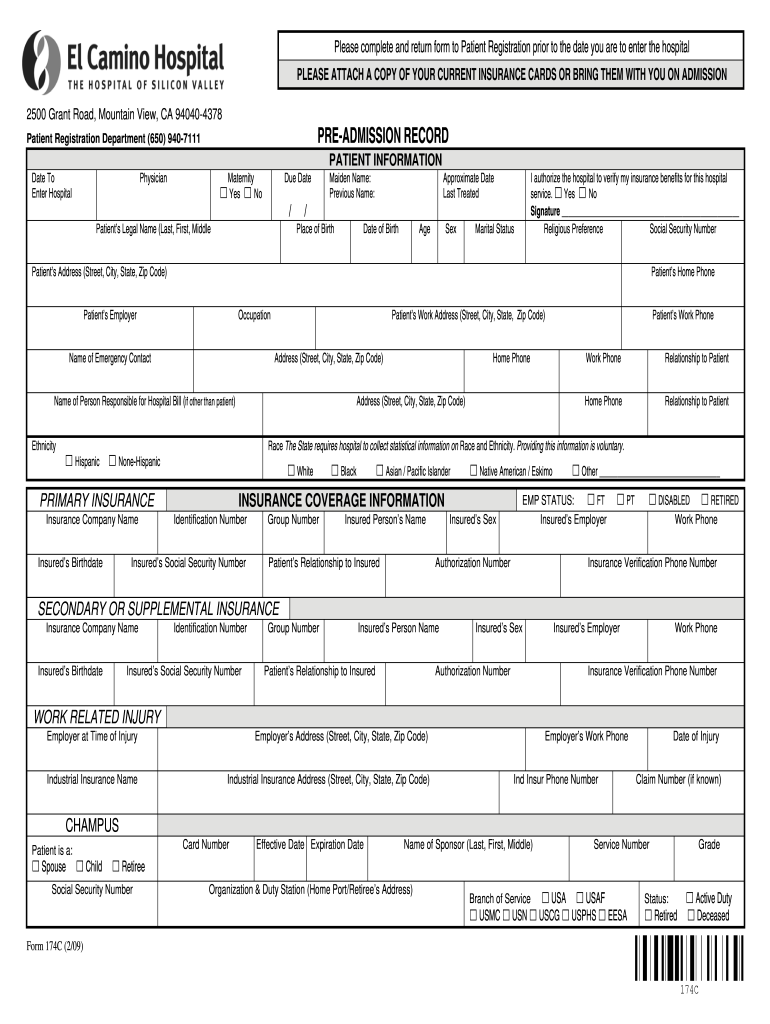  Pre Admission Record Form El Camino Hospital 2009