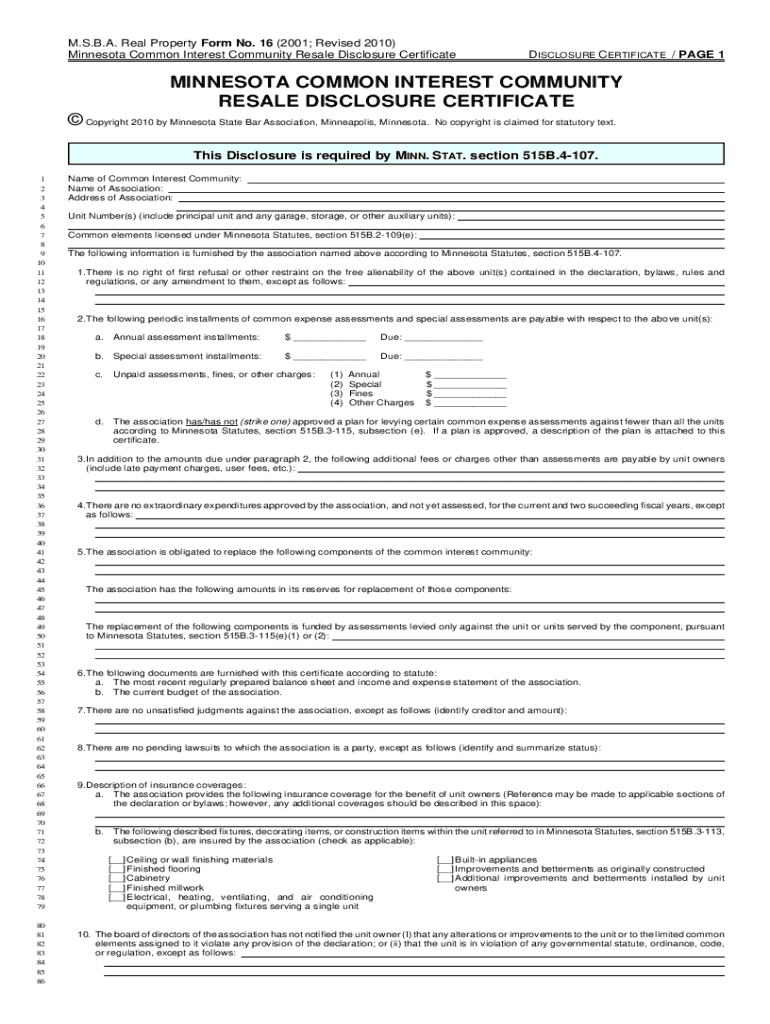 Resale Disclosure Certificate Mn  Form