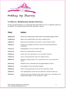 Sample Wedding Day Itinerary Princess Weddings and Functions  Form