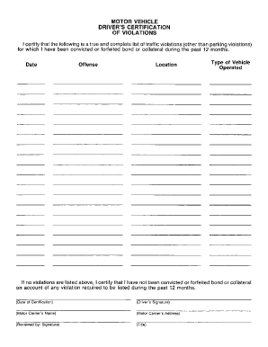 Motor Vehicle Drivers Certificate of Violations  Form