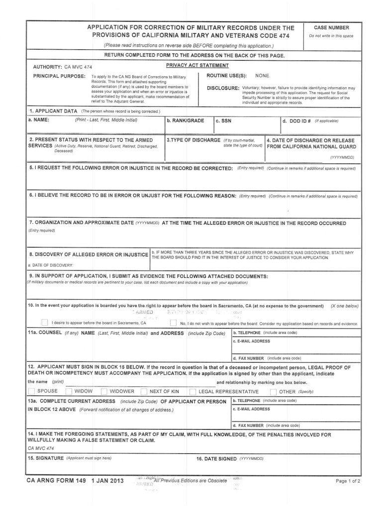 CAARNG Form 149 California National Guard State of California Calguard Ca