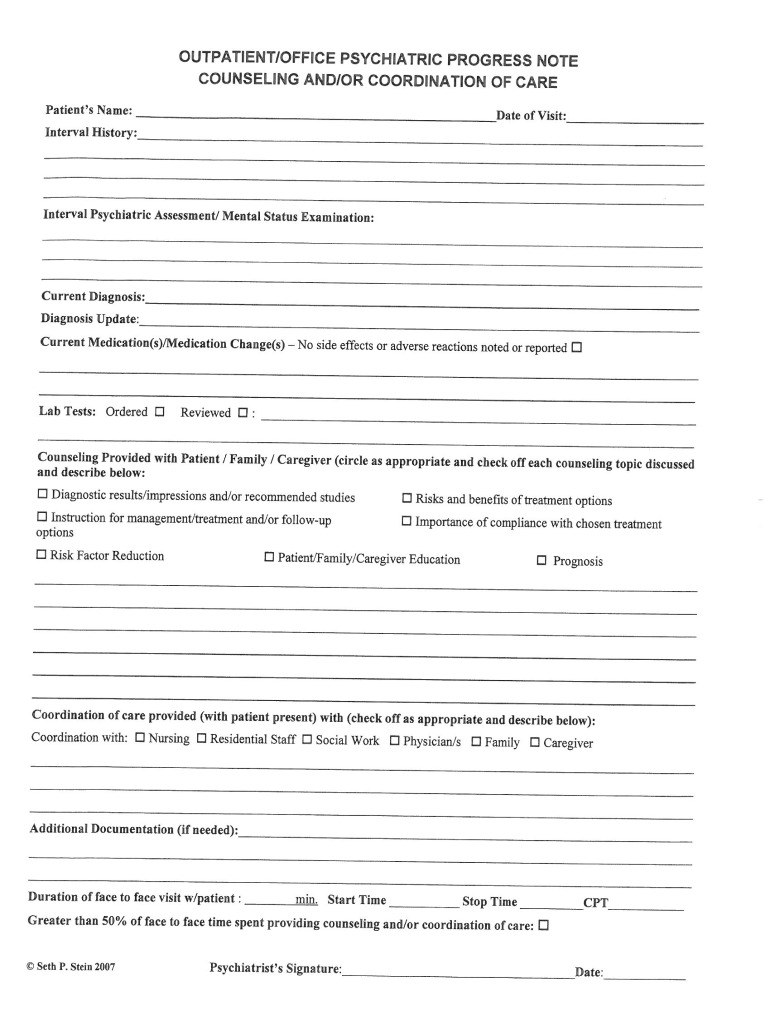 Psychiatric Progress Note Template PDF  Form