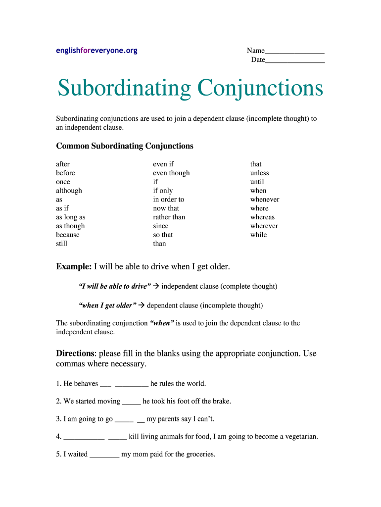 Subordinating Conjunctions Exercises with Answers PDF  Form