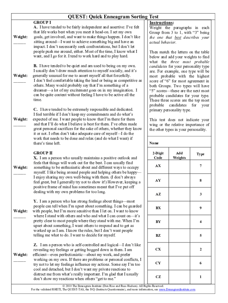 Quest Enneagram Test  Form