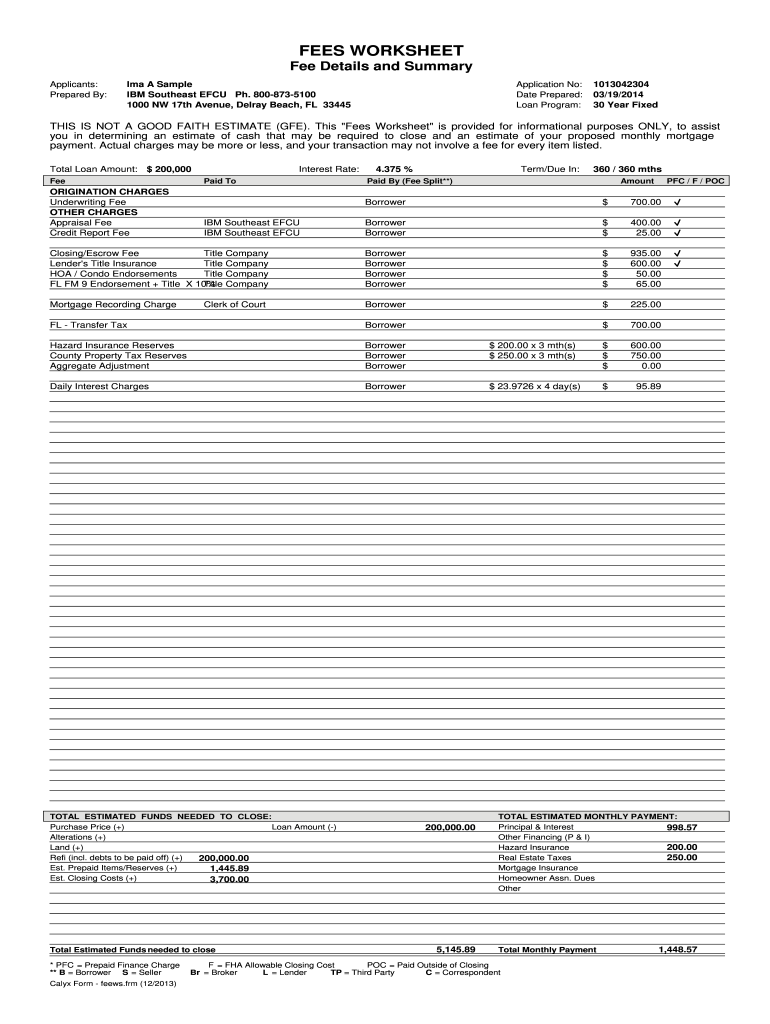 FEES WORKSHEET Ibmsecu  Form