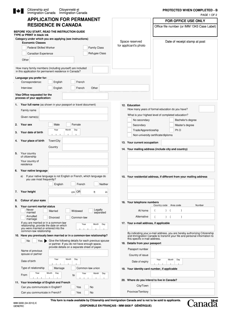Get and Sign Generic Application Form for Canada