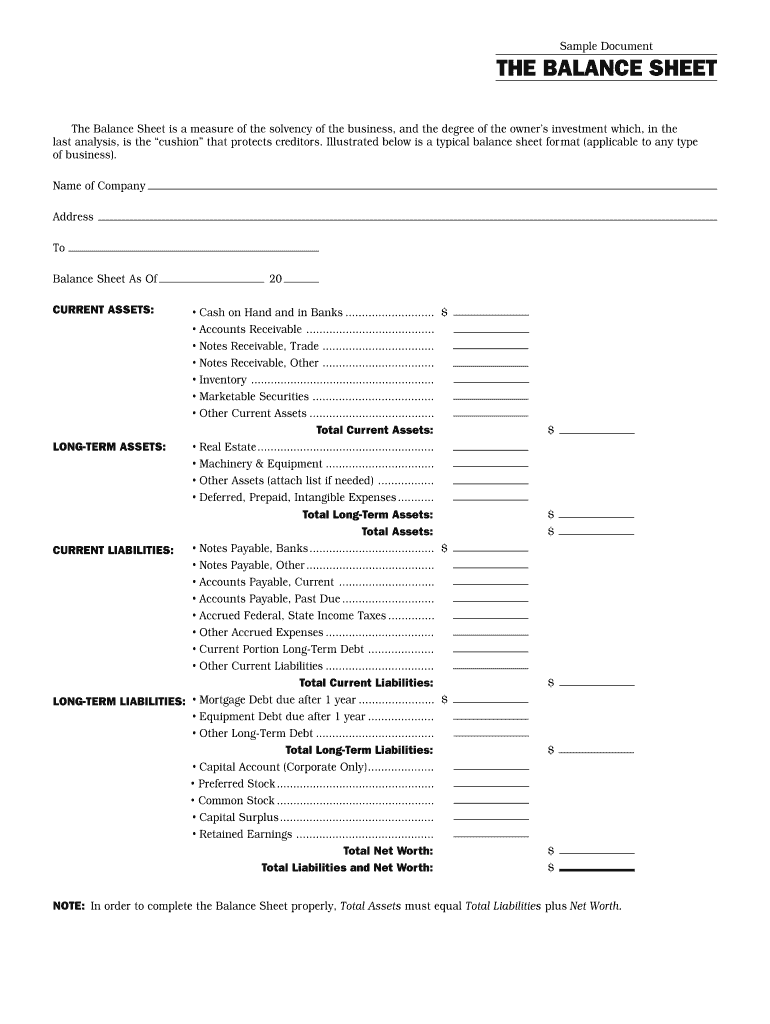 Printable Balance Sheet PDF  Form