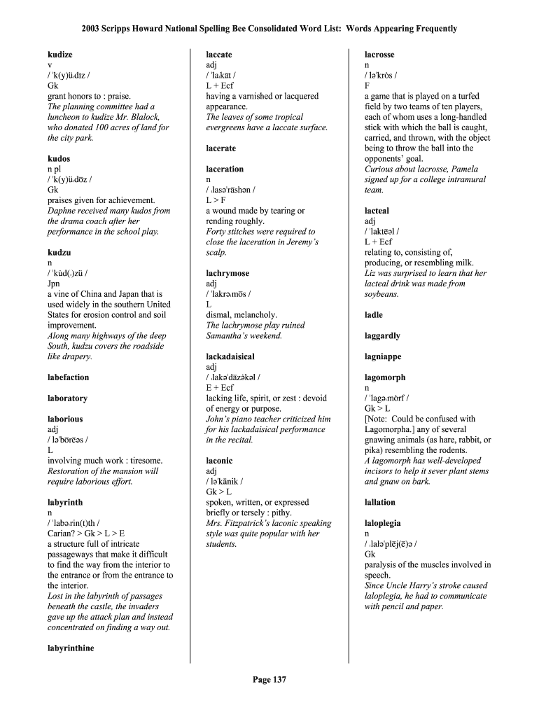 Spelling Bee Words for Adults 20032024 Form Fill Out and Sign