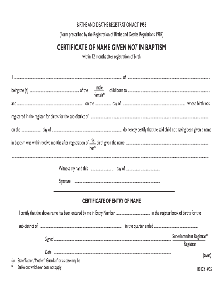  Westminster Certificate of Name Given Not in Baptism 2005