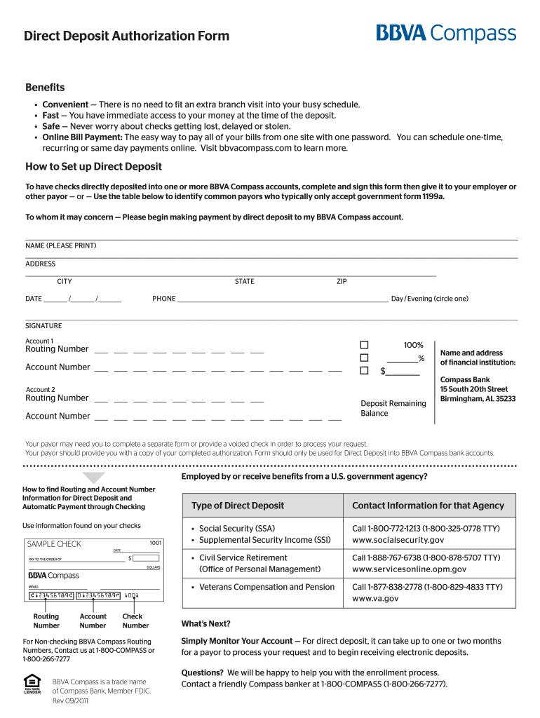  Bbva Compass Bank Direct Deposit Authorization Form 2011
