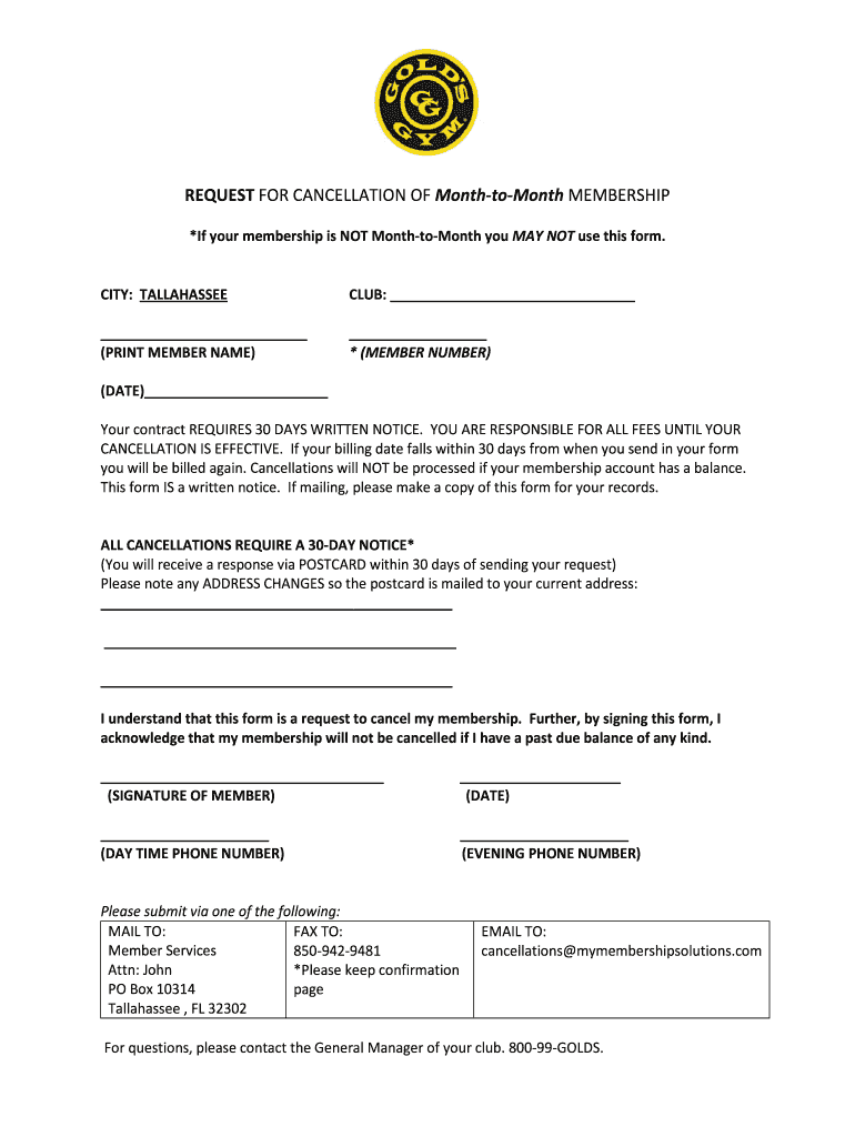 Gold's Gym Cancellation  Form
