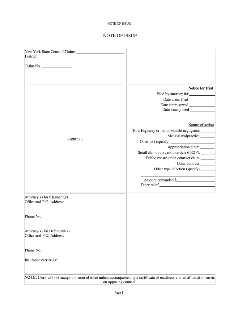 NOTE of ISSUE Nycourts  Form