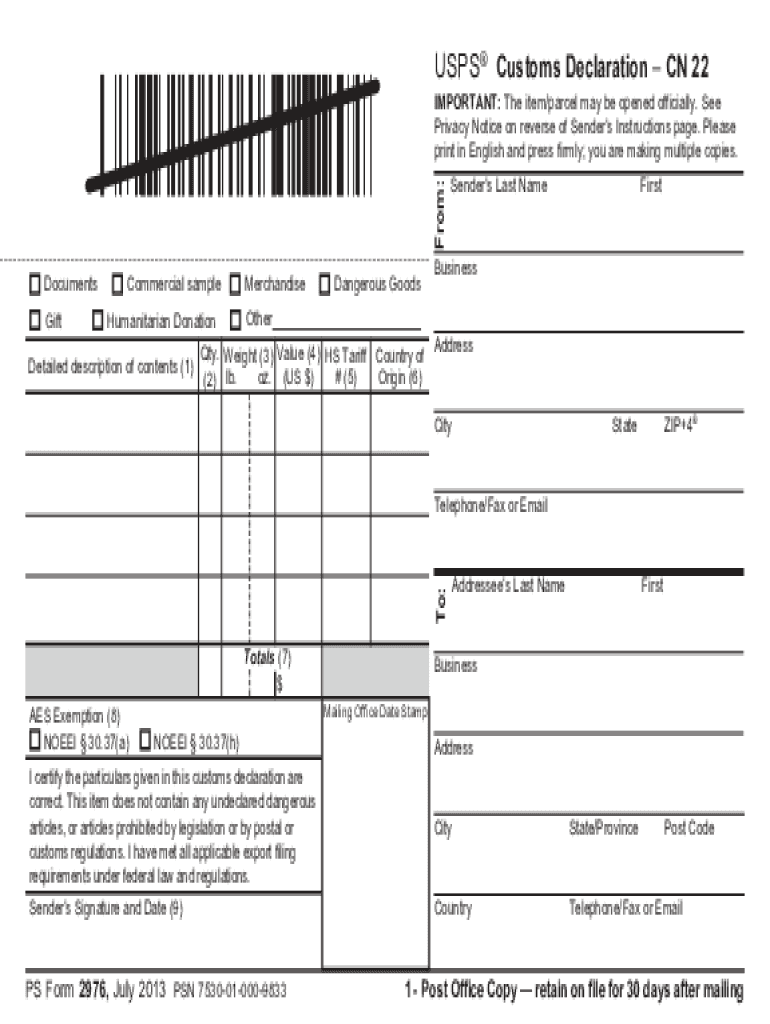  Customs Form Mailing 2013-2024