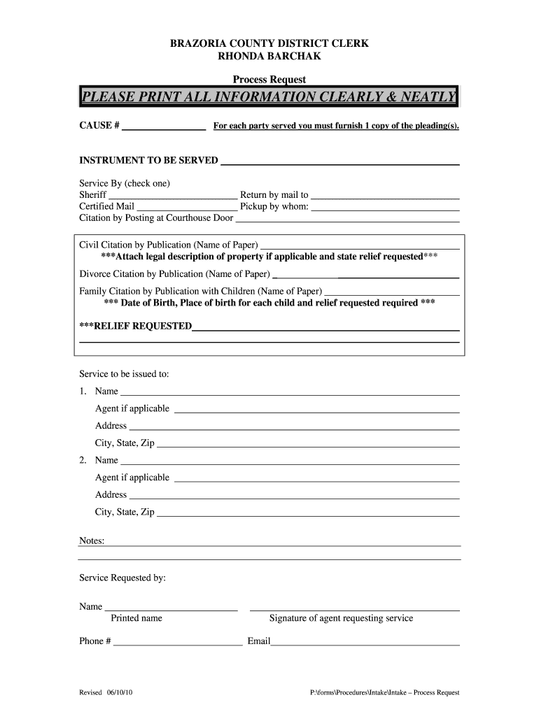 Get and Sign Process Request Form Brazoria County 2010