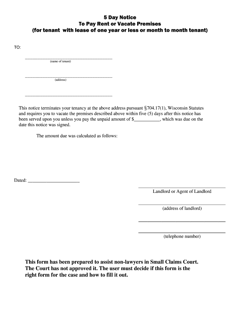 5 Day Eviction Notice Wisconsin PDF  Form