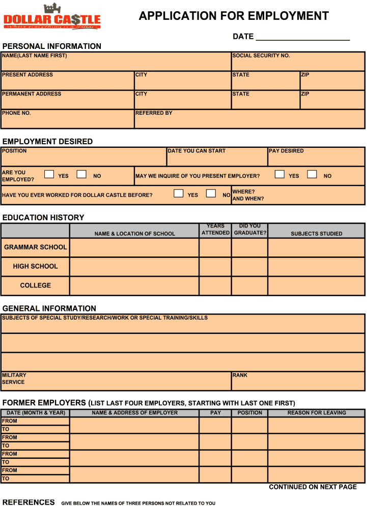 Employment Application Dollar Castle  Form