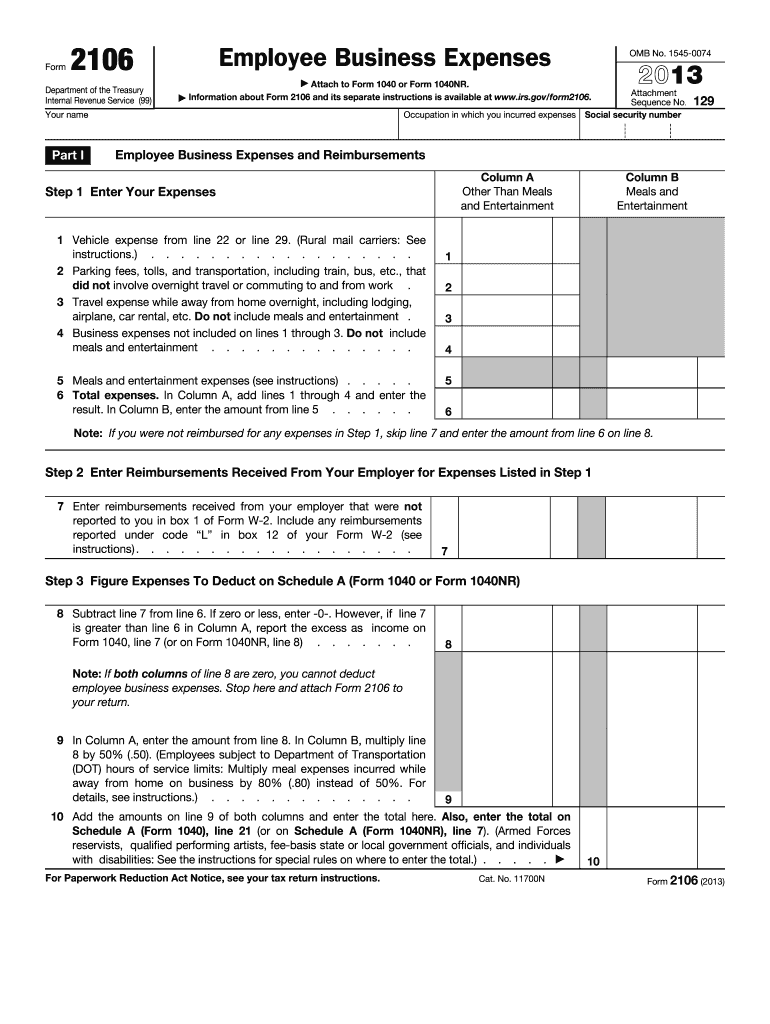  Form 2106 Internal Revenue Service Irs 2013