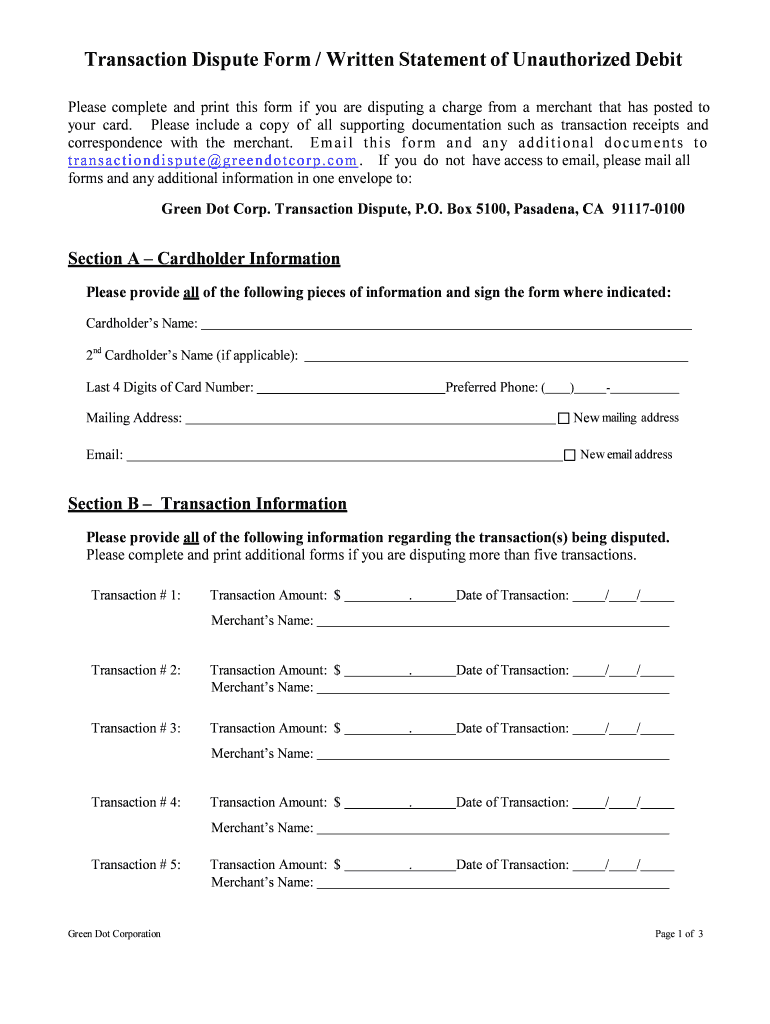 Green Dot Dispute Form