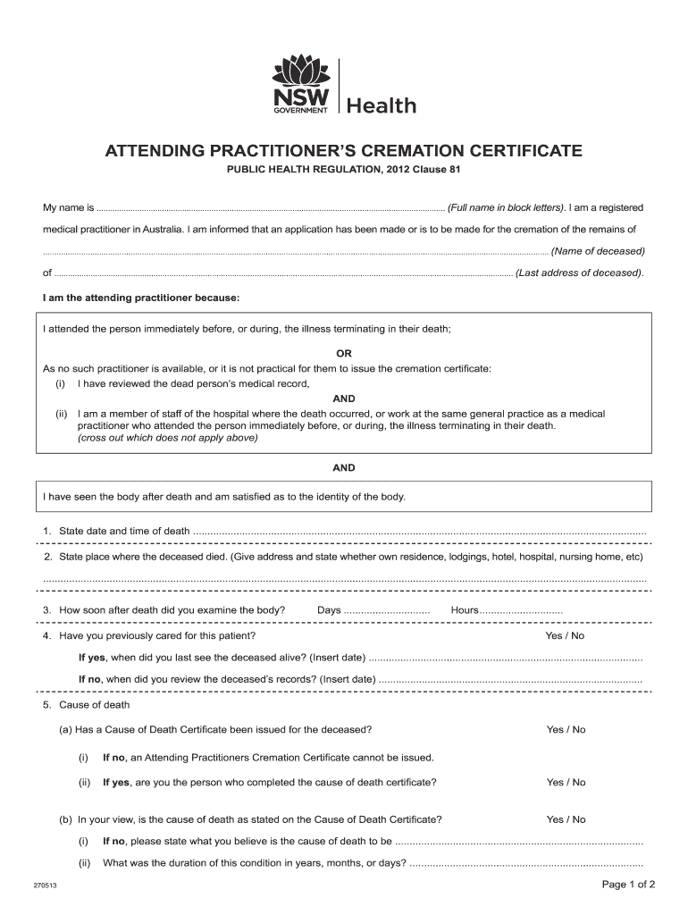 Cremation Certificate Nsw  Form