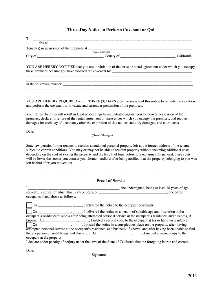 3 Day Notice to Perform Covenant or Quit PDF