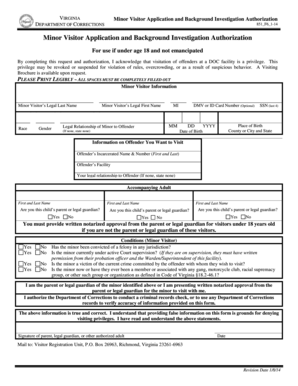 Minor Visitor Application &amp; Background Invest Authorization Vadoc Virginia  Form