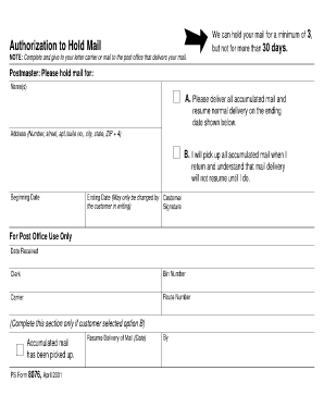 PS Form 8076, Authorization to Hold Mail USPS Com