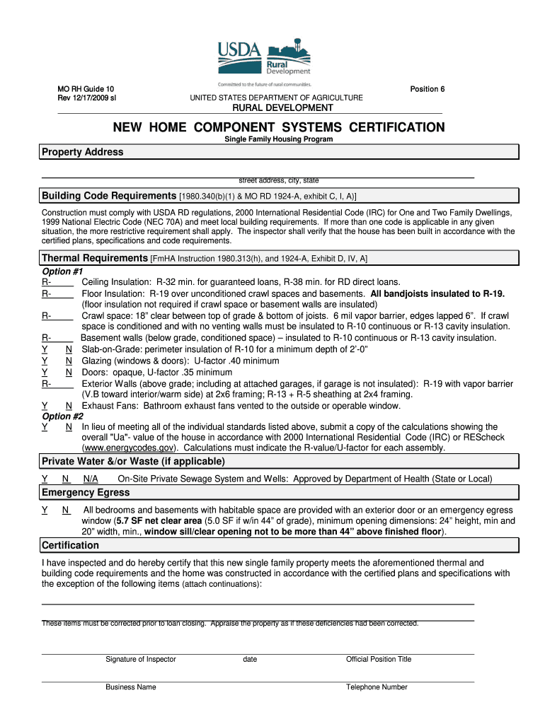 Usda New Home Component Systems Certification Rev 12 17  Form
