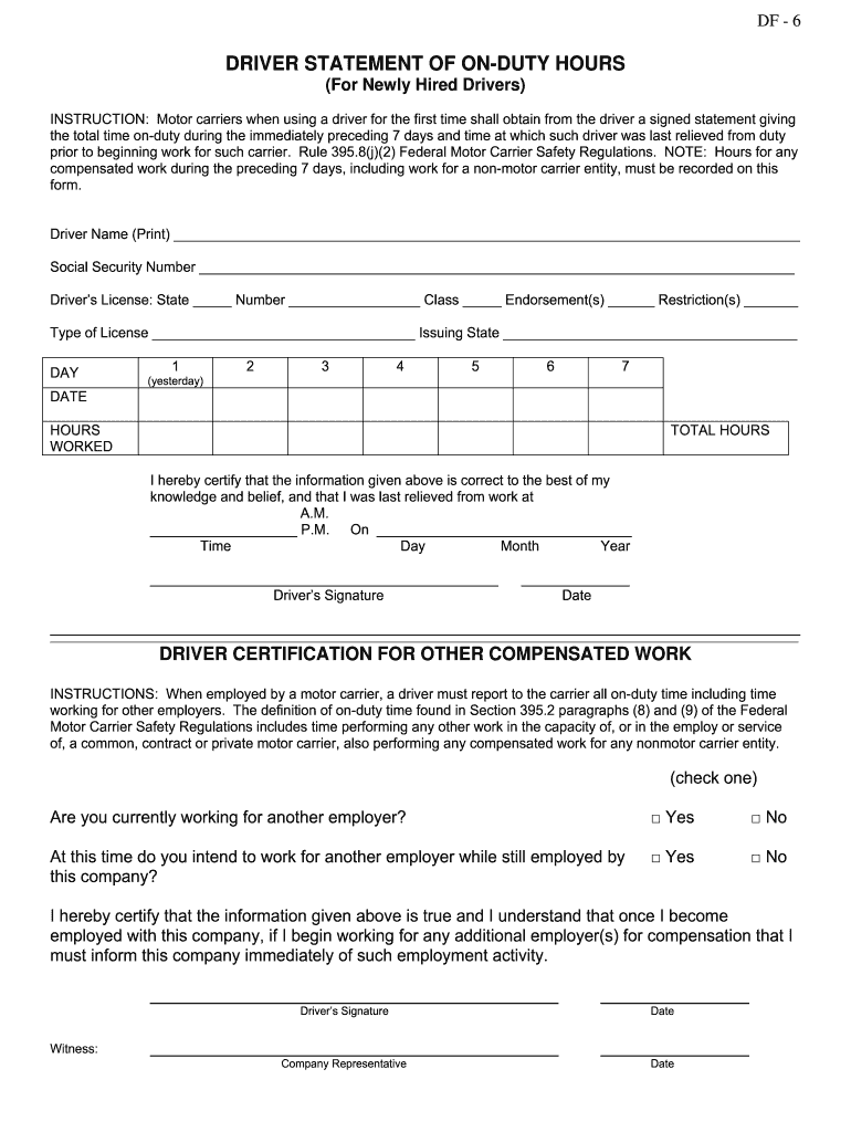 Driver Statement of on Duty Hours New Hire  Form