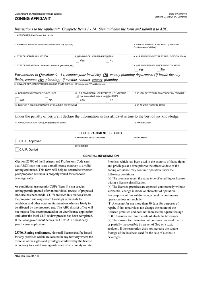 Get and Sign Zoning Affidavit for Transefering Liquor License in California 2011-2022 Form