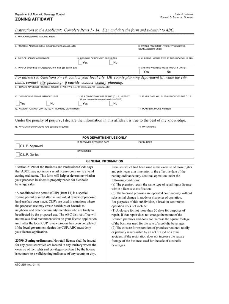  Zoning Affidavit for Transefering Liquor License in California 2011