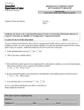 Physician&amp;#39;s Certification of Claimant&amp;#39;s Health Connecticut Ctdol State Ct  Form