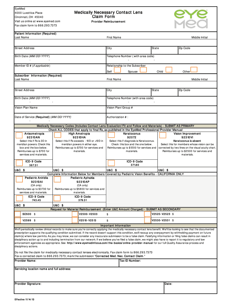  Eyemed Medically Necessary Contact Lens Claim Form 2013-2024