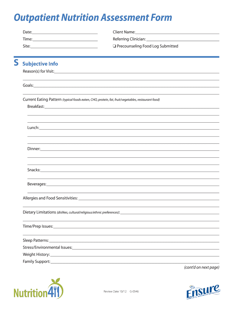  Nutrition Assessment Form for Dietitians 2012-2024