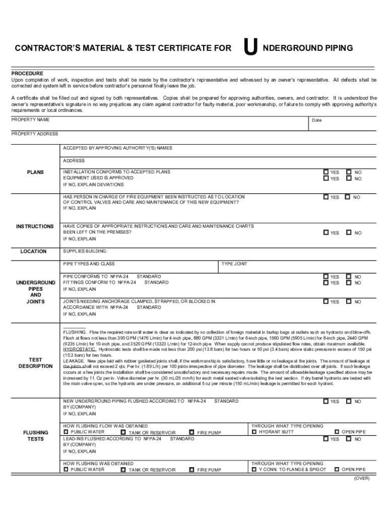 Contractors Material and Test Certificate for Underground Piping  Form