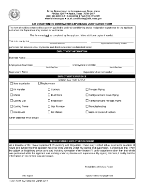 ACR005 Air Conditioning Contractors Experience Verification Form
