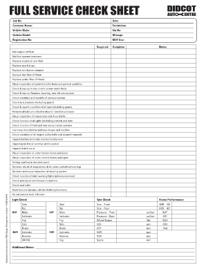 Full Service Check Sheet Didcot Auto Centre  Form