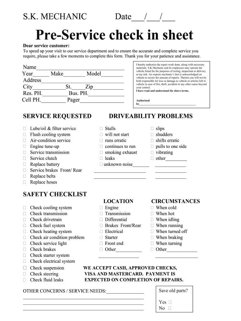 Pre Service Check in Sheet  Form