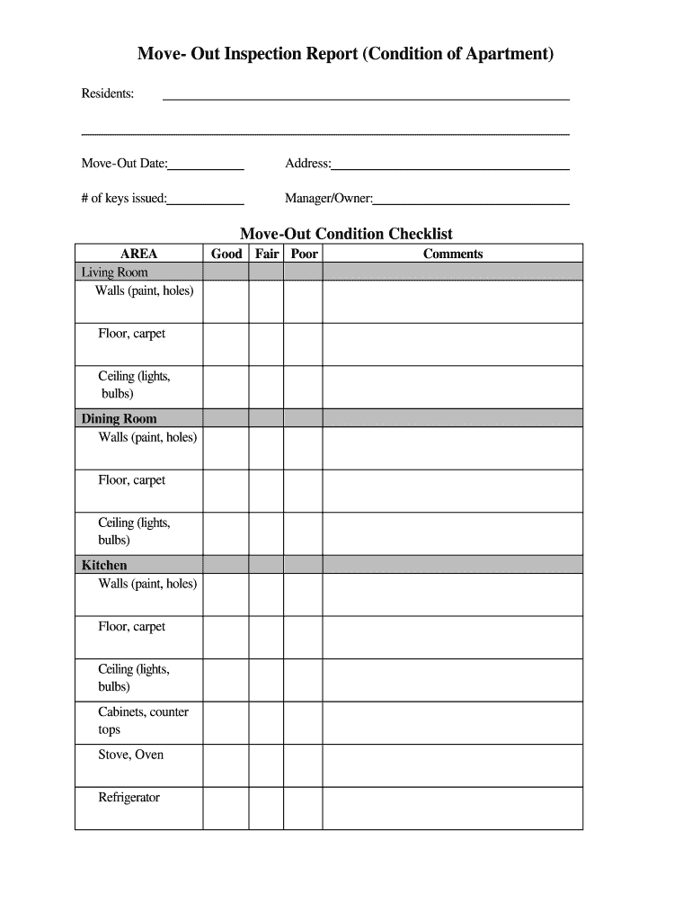 Move Out Inspection Report Condition of Apartment RENT Iowa  Form