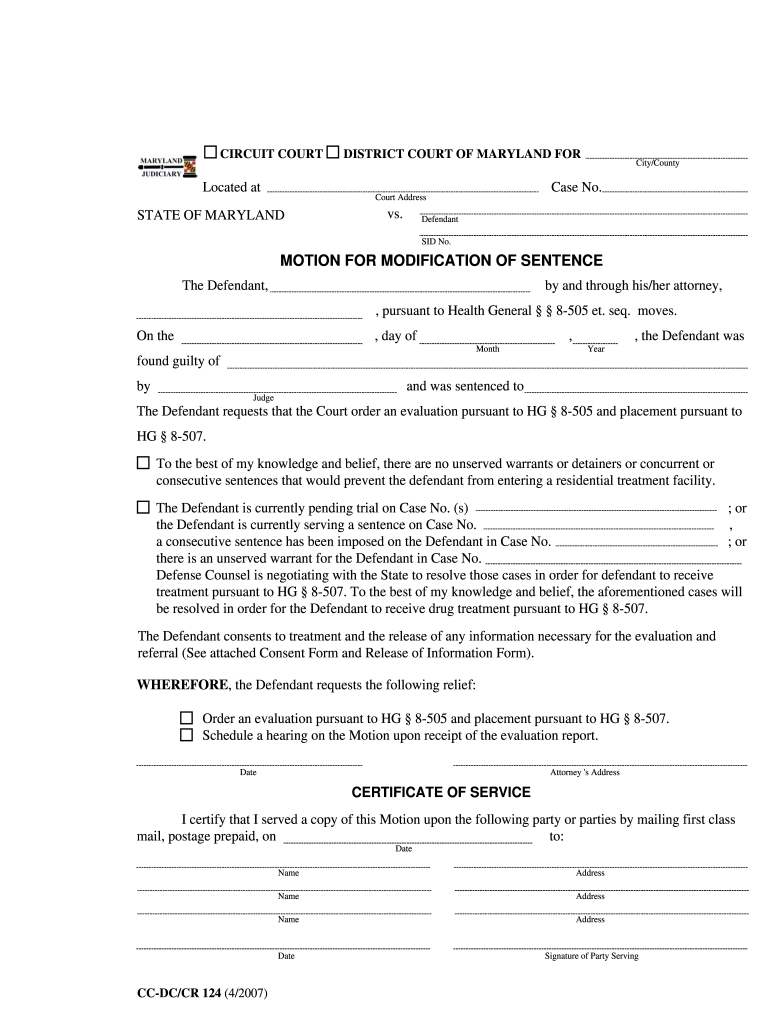  Motion for Modification of Sentence Form Maryland 2007-2024