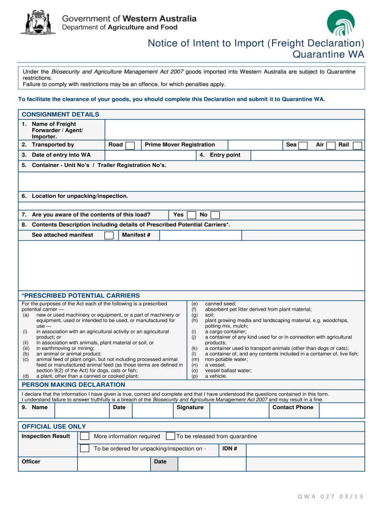  Wa Quarantine Freight Declaration  Form 2013