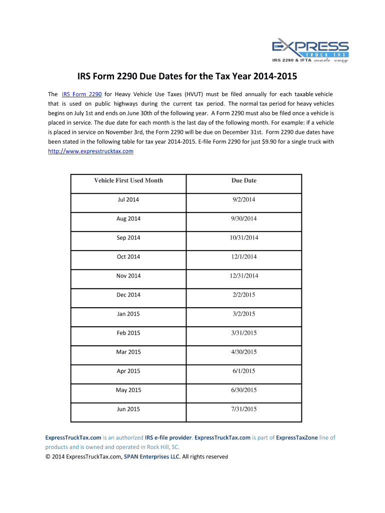  Irs Due Dates for Form 2290 for 2014-2024